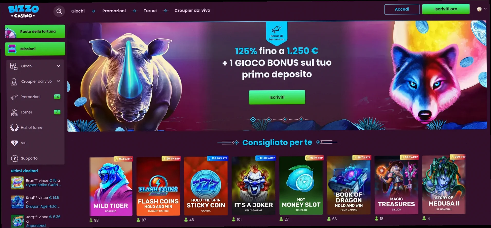 Bizzo Casino 100% fino a 250€ + 100 Giri Gratuiti